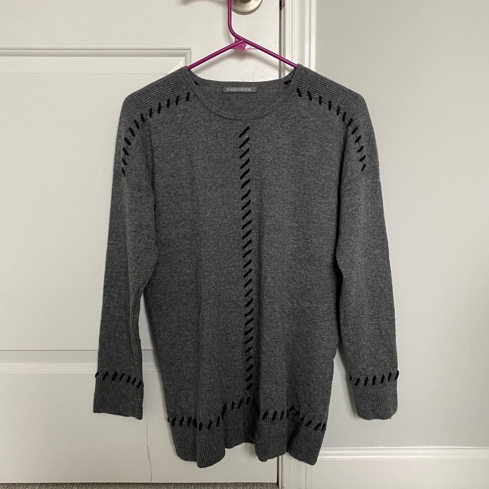 Claudia Nichole Gray Superwash Merino Wool Cashmere Contrast Stitch Sweater L